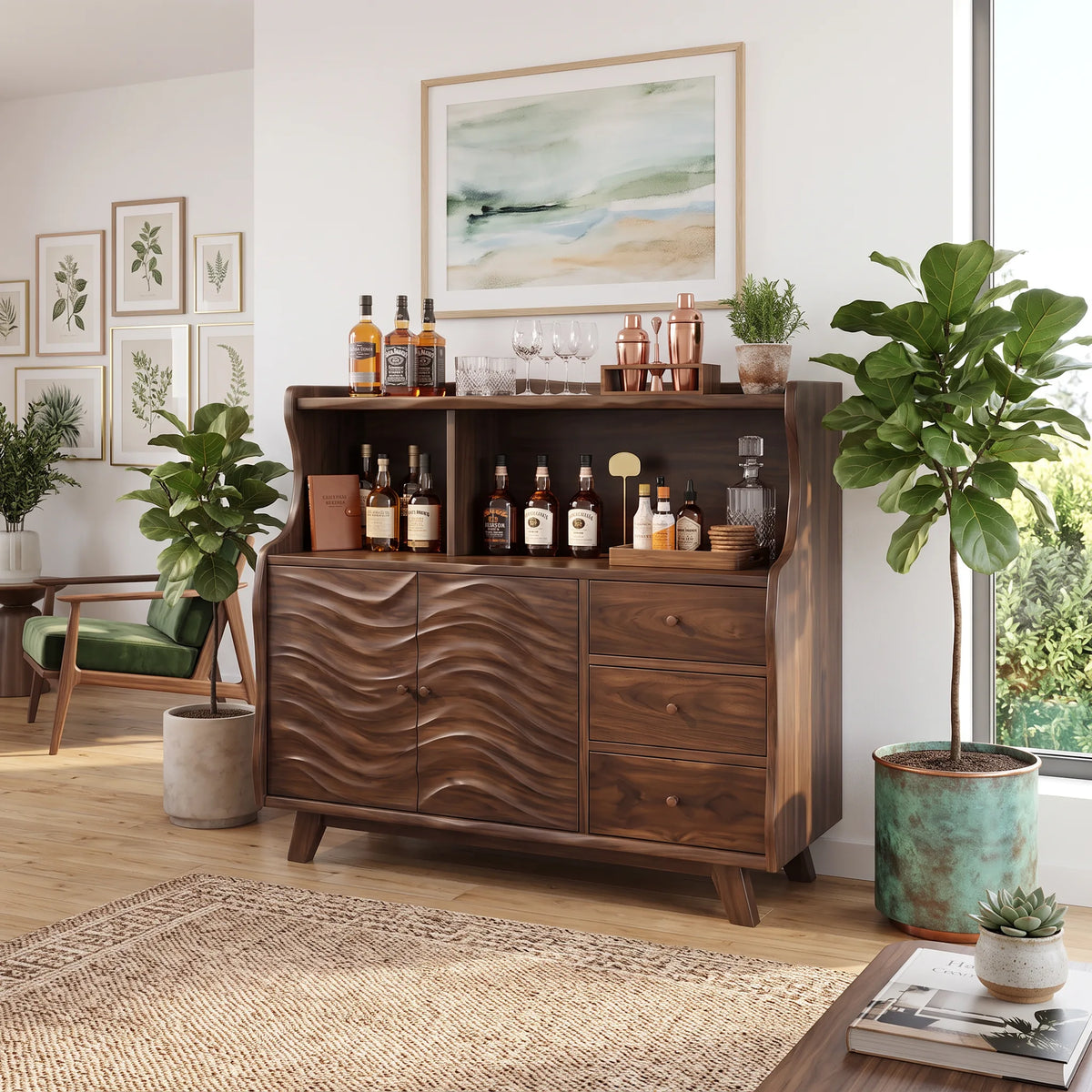 Mid Century Liquor Cabinet with Storage Living Room, solid wood, built to order