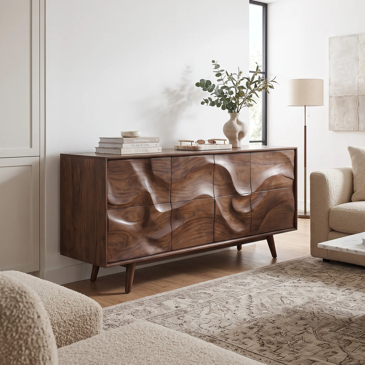 Mid Century Wave Carved Sideboard Living Room, solid wood, built to order