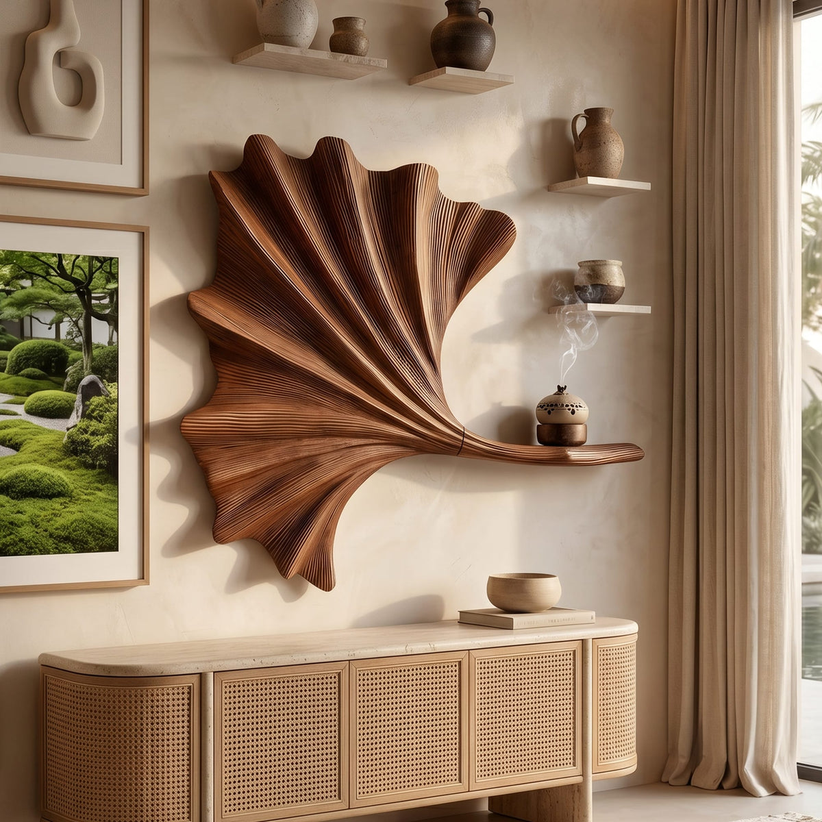 Contemporary Ginkgo Leaf Wall Shelf, solid wood, built to order