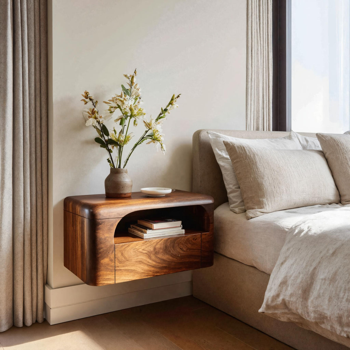 Organic Wall Mounted Bedside Table with Drawer, solid wood, built to order
