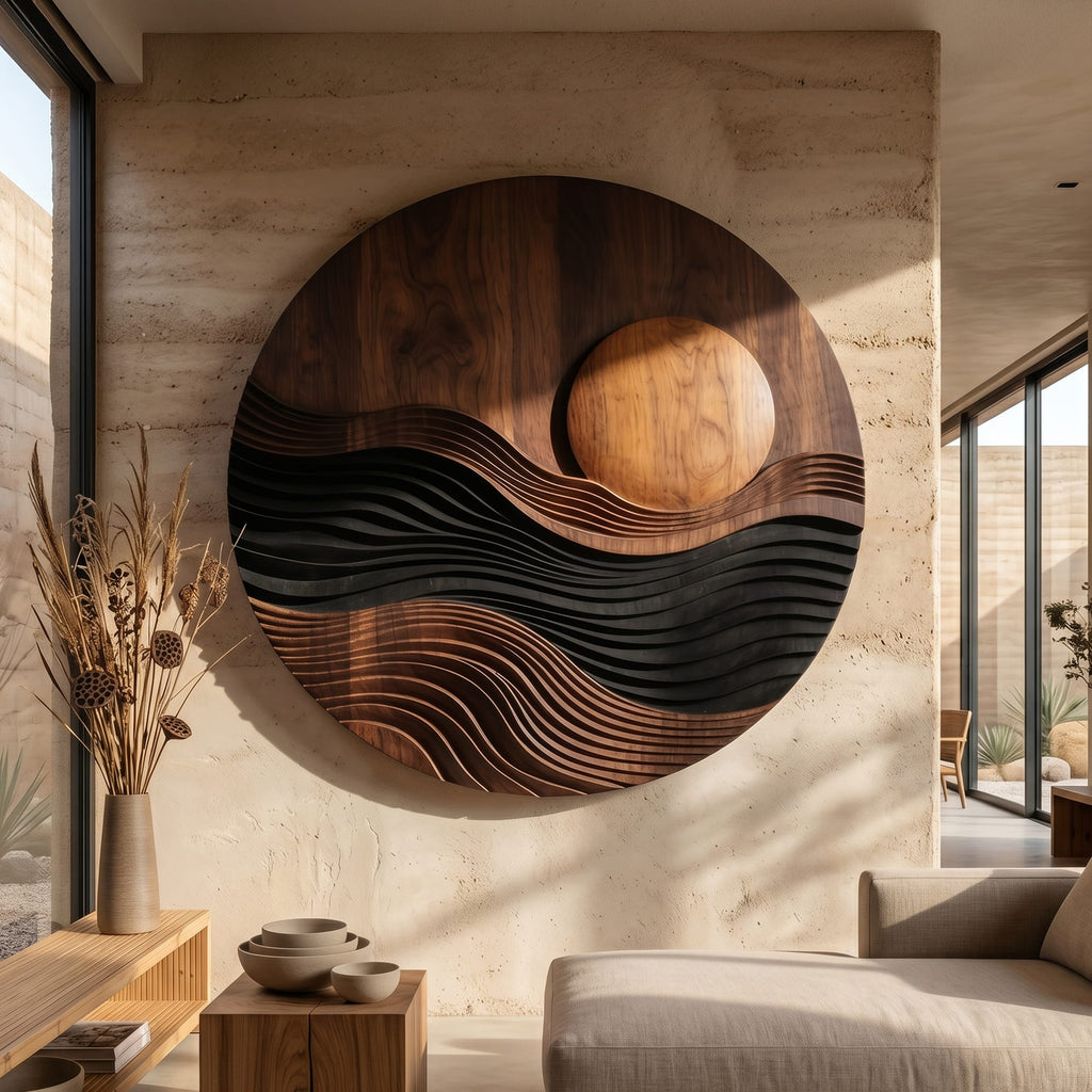 Modern Circular Landscape Wall Art, solid wood, built to order