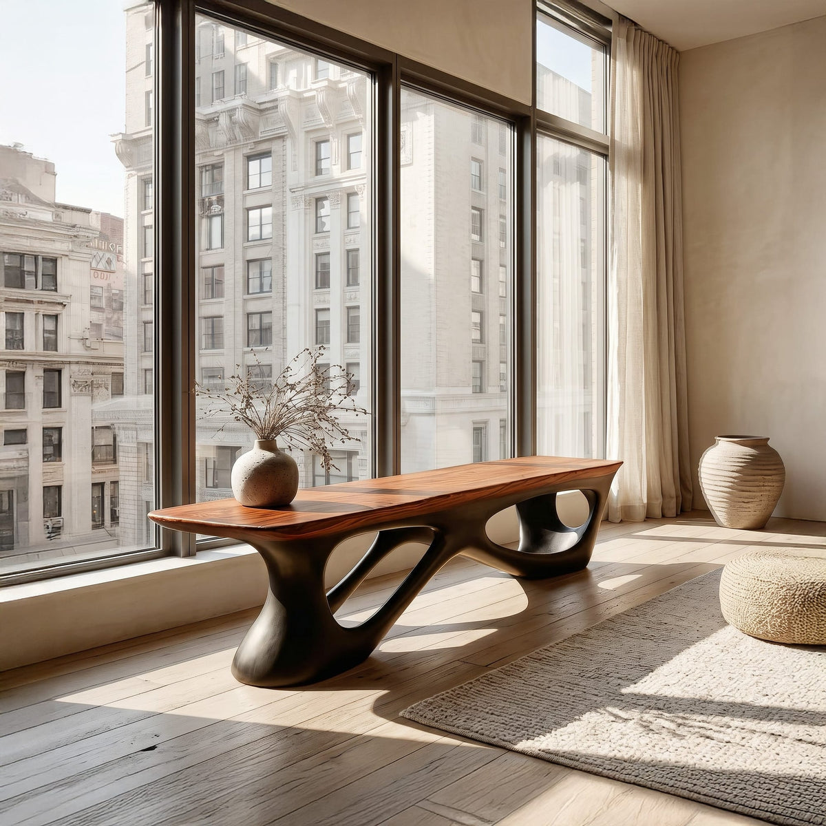 Contemporary Bench for Window Corner, solid wood, built to order