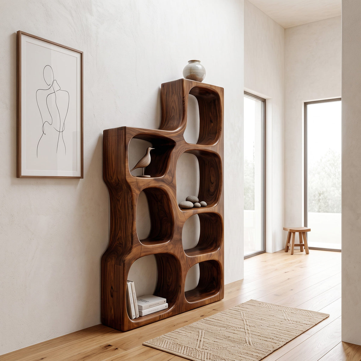 Organic Sculptural Wooden Bookshelf, solid wood, built to order