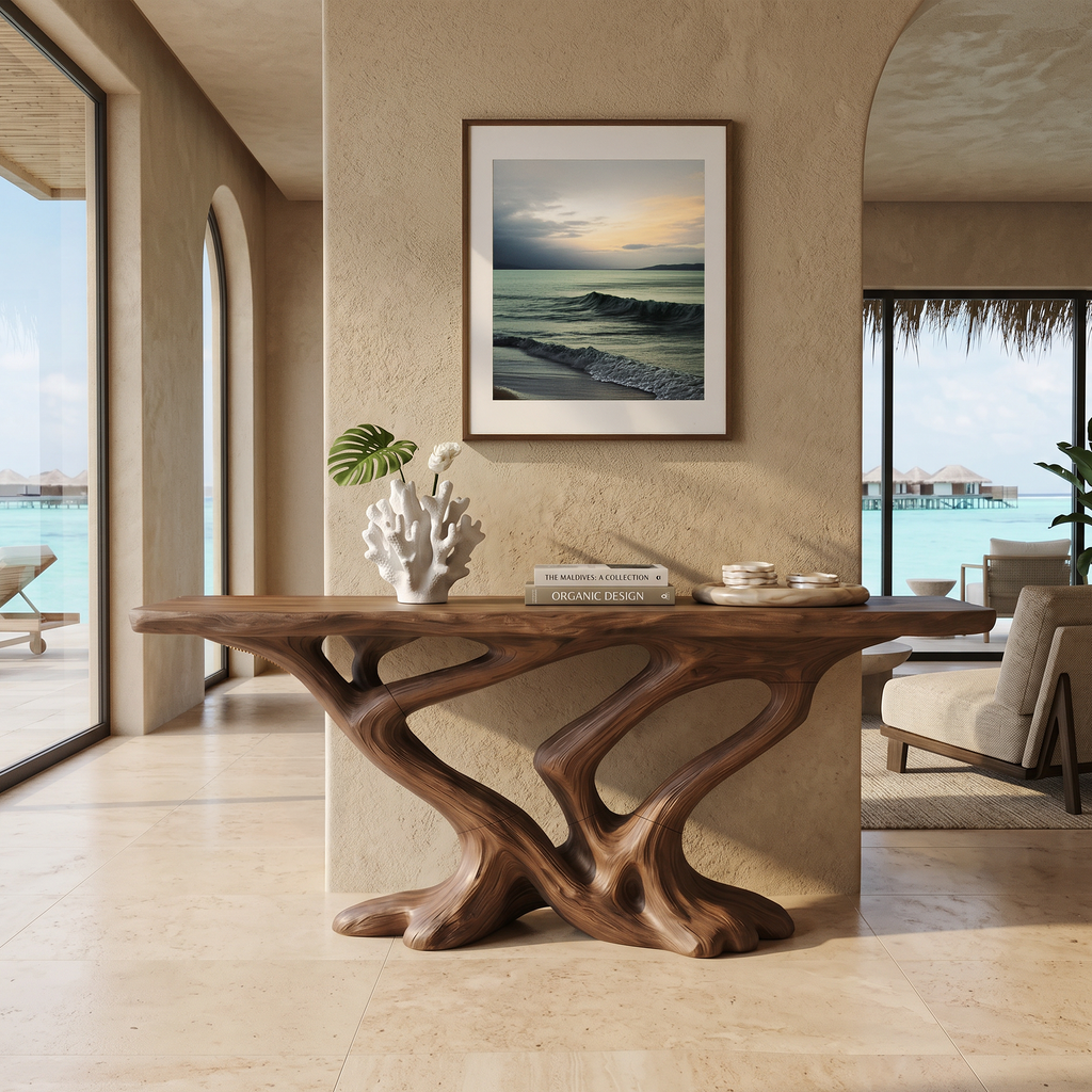 Contemporary Infinity Console Table Entryway, solid wood, built to order