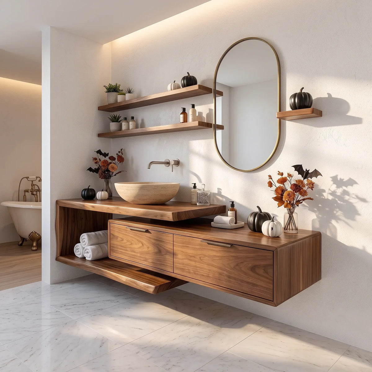 Handcrafted Mid Century Floating Vanity Primary Ensuite, solid wood, built to order