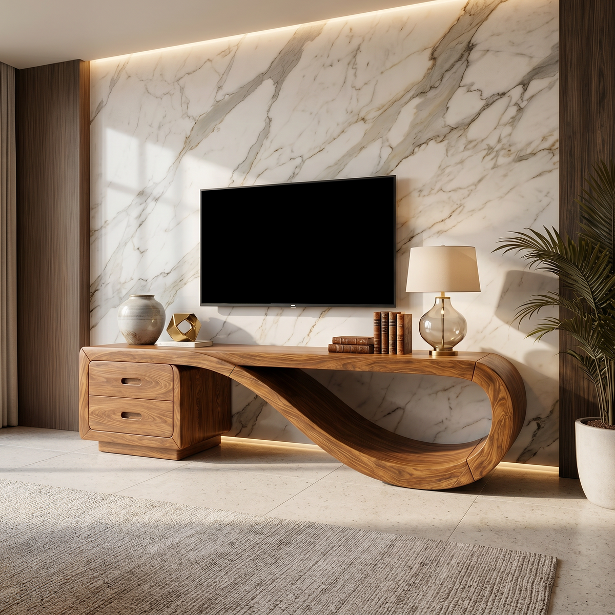 Sculptural Media Console Marble Accent Wall, solid wood, built to order