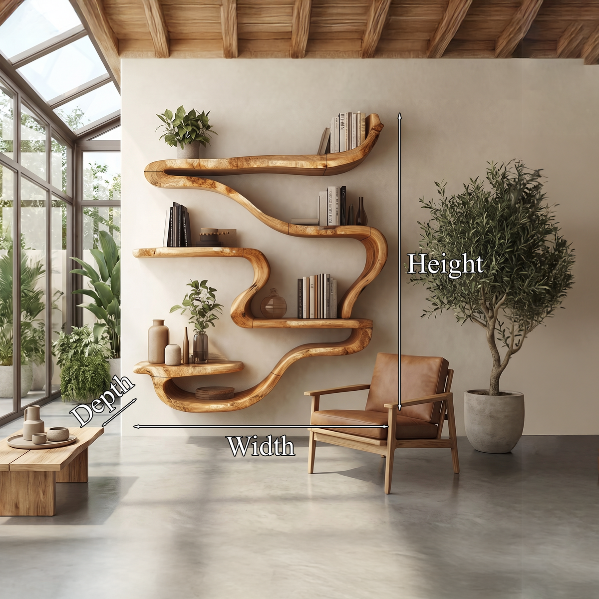 Organic Wall Mounted Bookshelf, solid wood, built to order, view 8