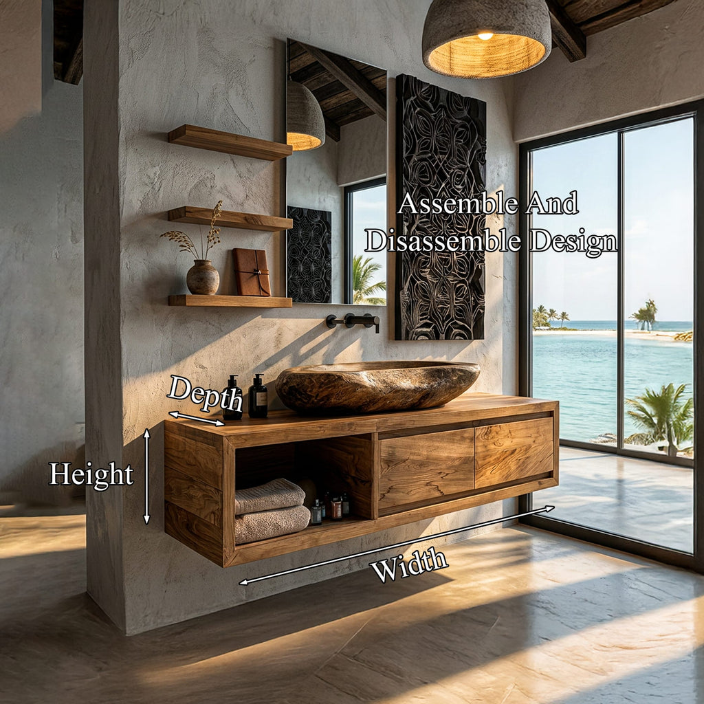 Organic Modern Floating Bathroom Vanity with Open Storage, solid wood, built to order