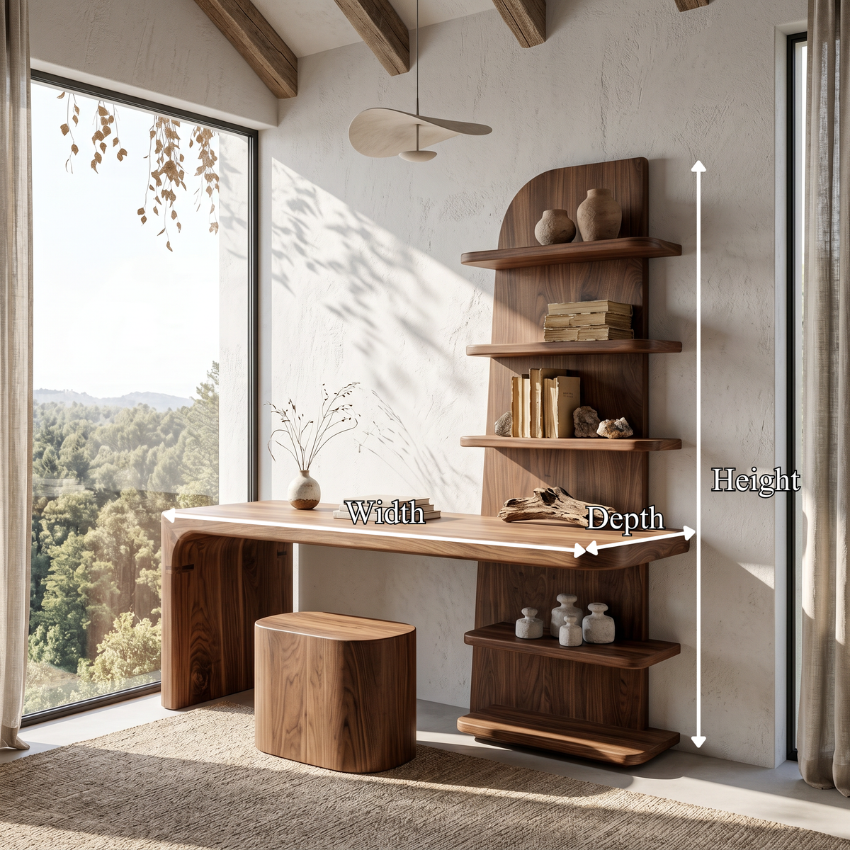 Minimal Desk with Built in Bookcase and Drawers, solid wood, built to order, view 8