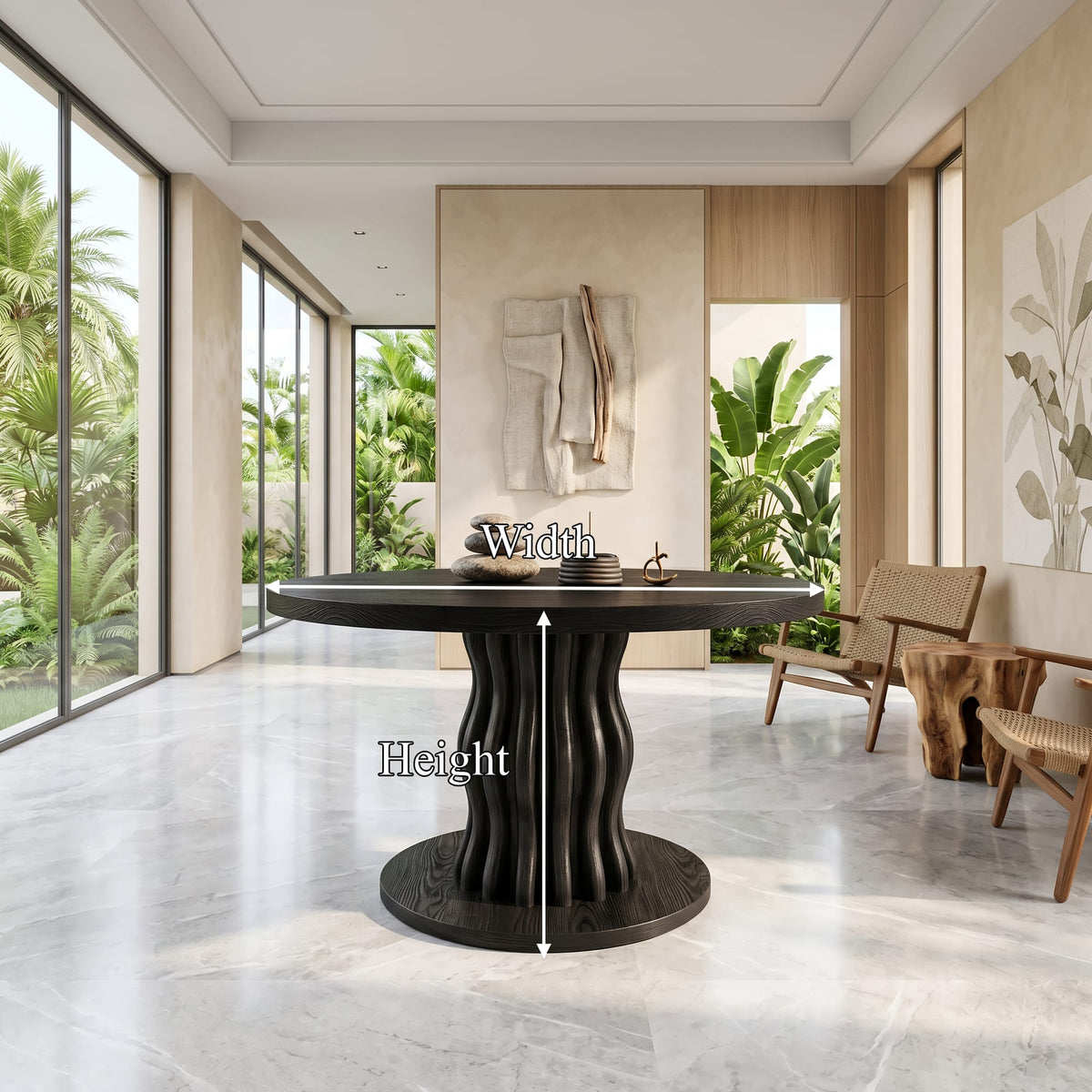 Contemporary Round Entryway Table with Wavy Vertical Form, solid wood, built to order