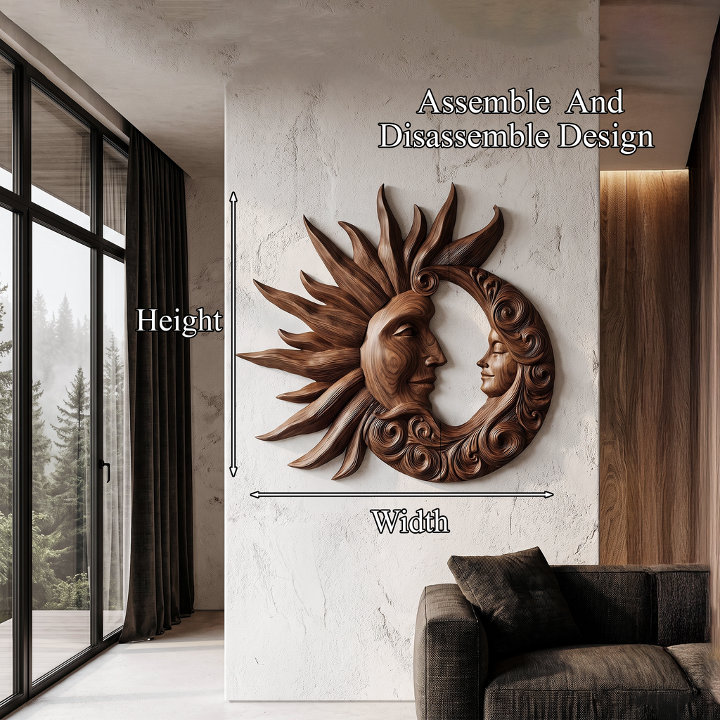 Organic Wood Wall Art with Carved Sun and Moon Design, solid wood, built to order, view 8
