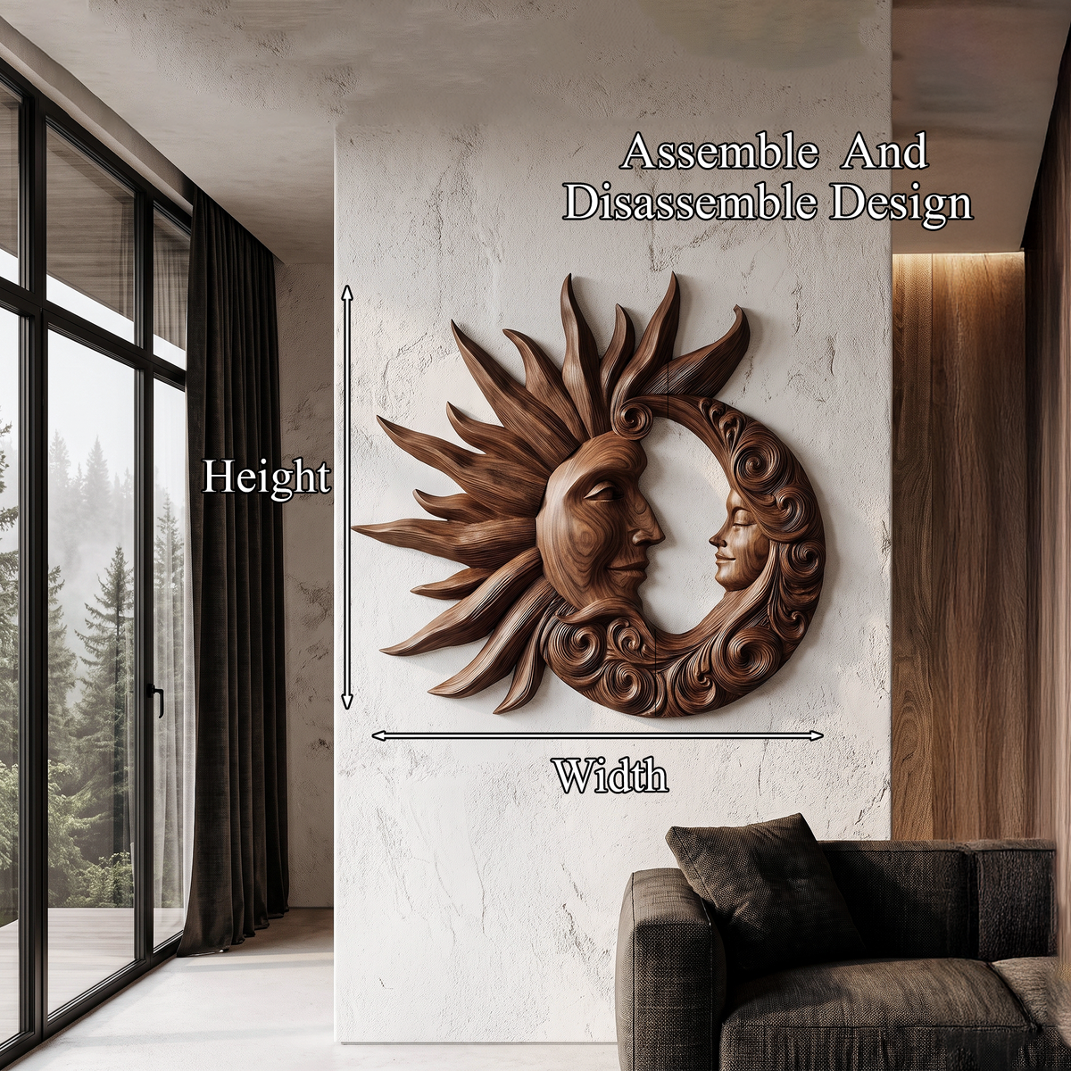 Organic Wood Wall Art with Carved Sun and Moon Design, solid wood, built to order, view 8