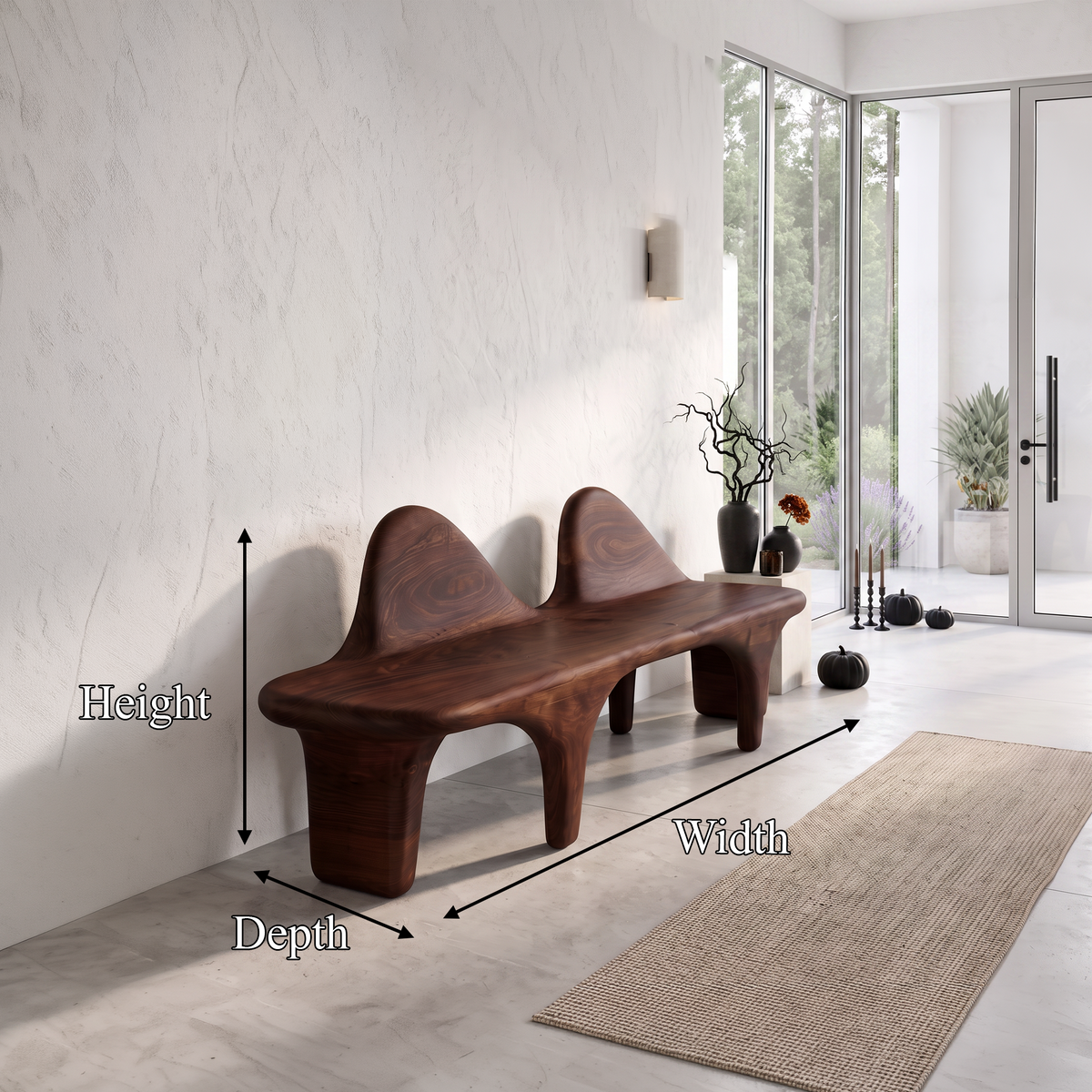 Organic Wooden Bench with Flowing Back Design, solid wood, built to order, view 2