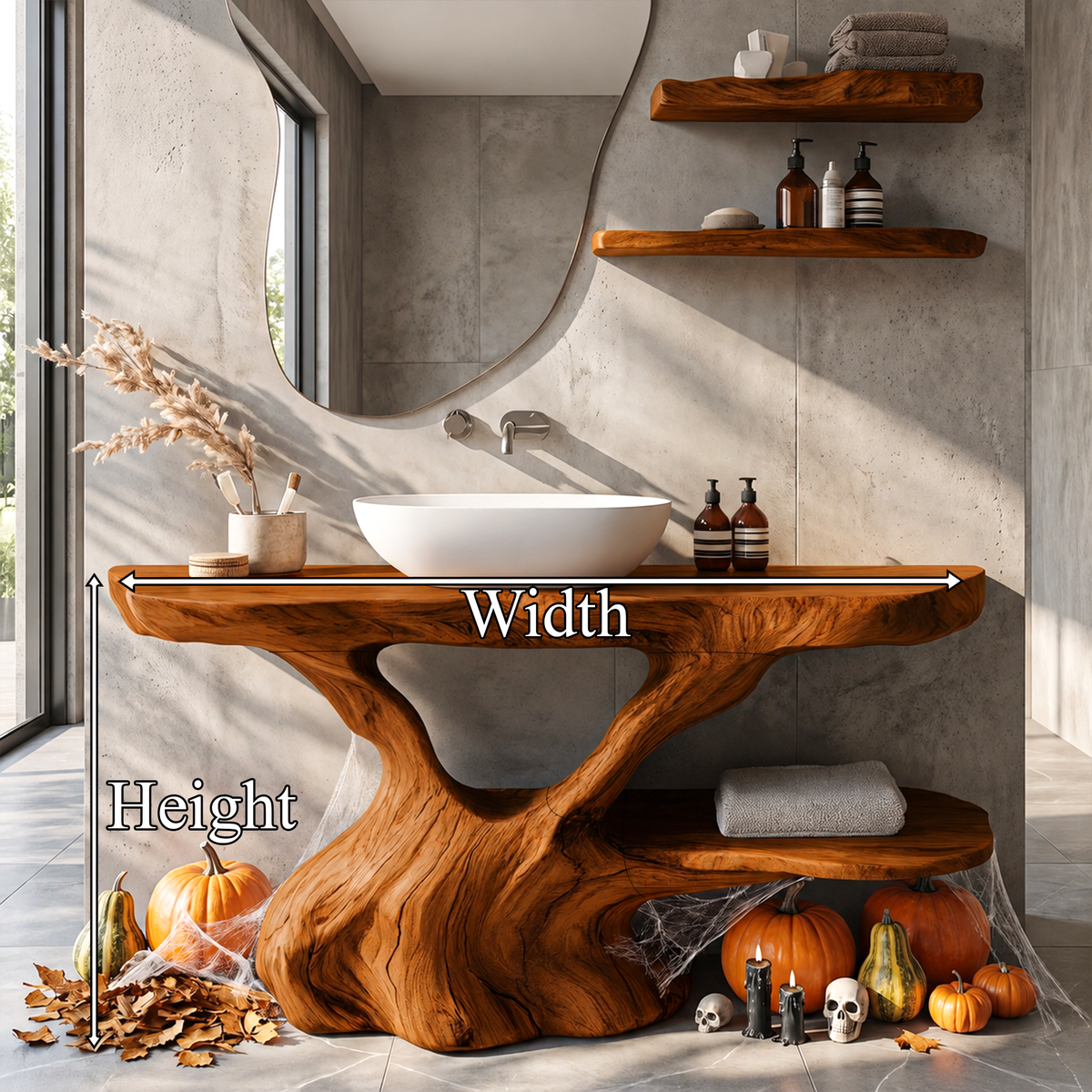 Organic Bathroom Vanity with Sculptural Tree Root Base, solid wood, built to order, dimensions