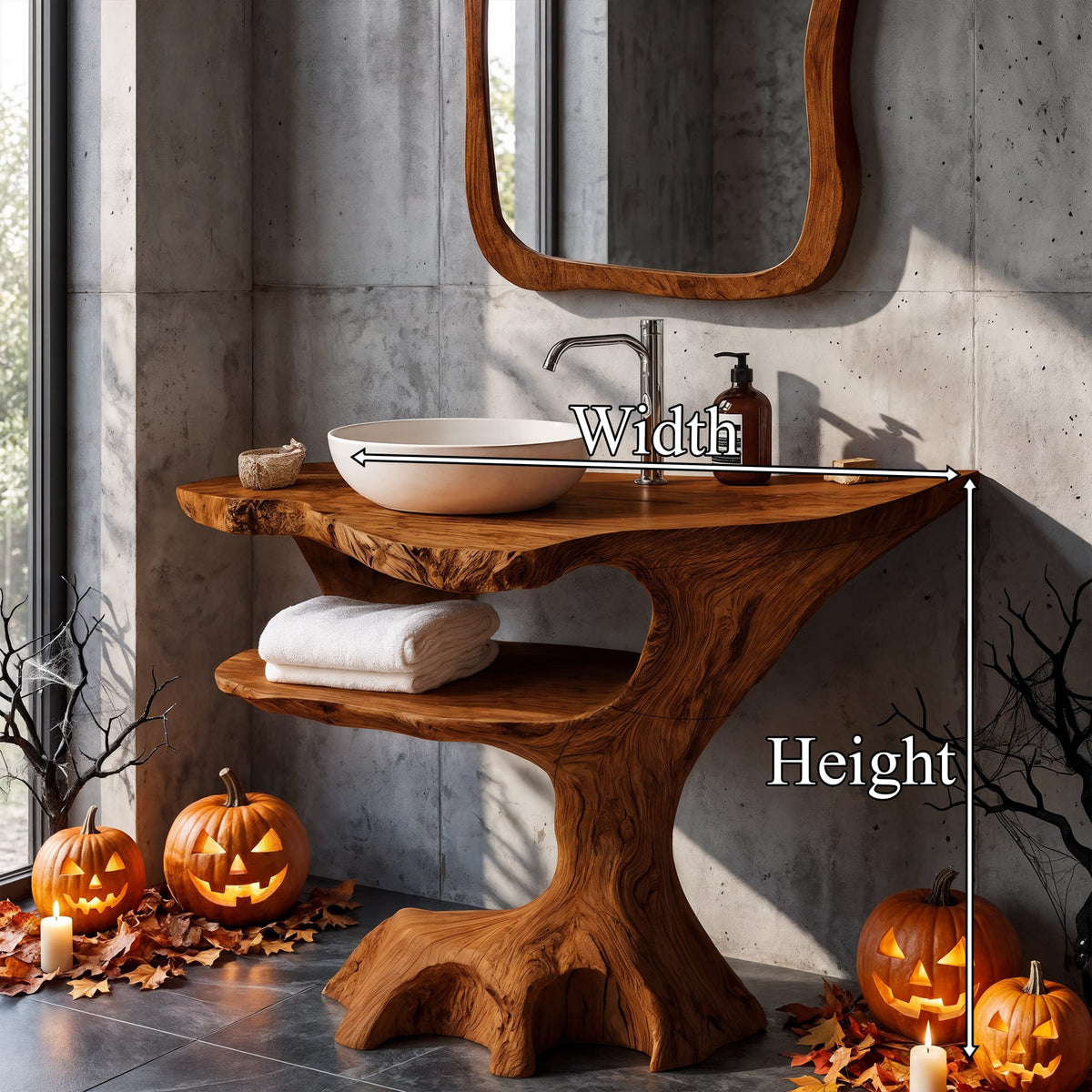 Contemporary Single Bathroom Vanity with Sculptural Branch Support, solid wood, built to order
