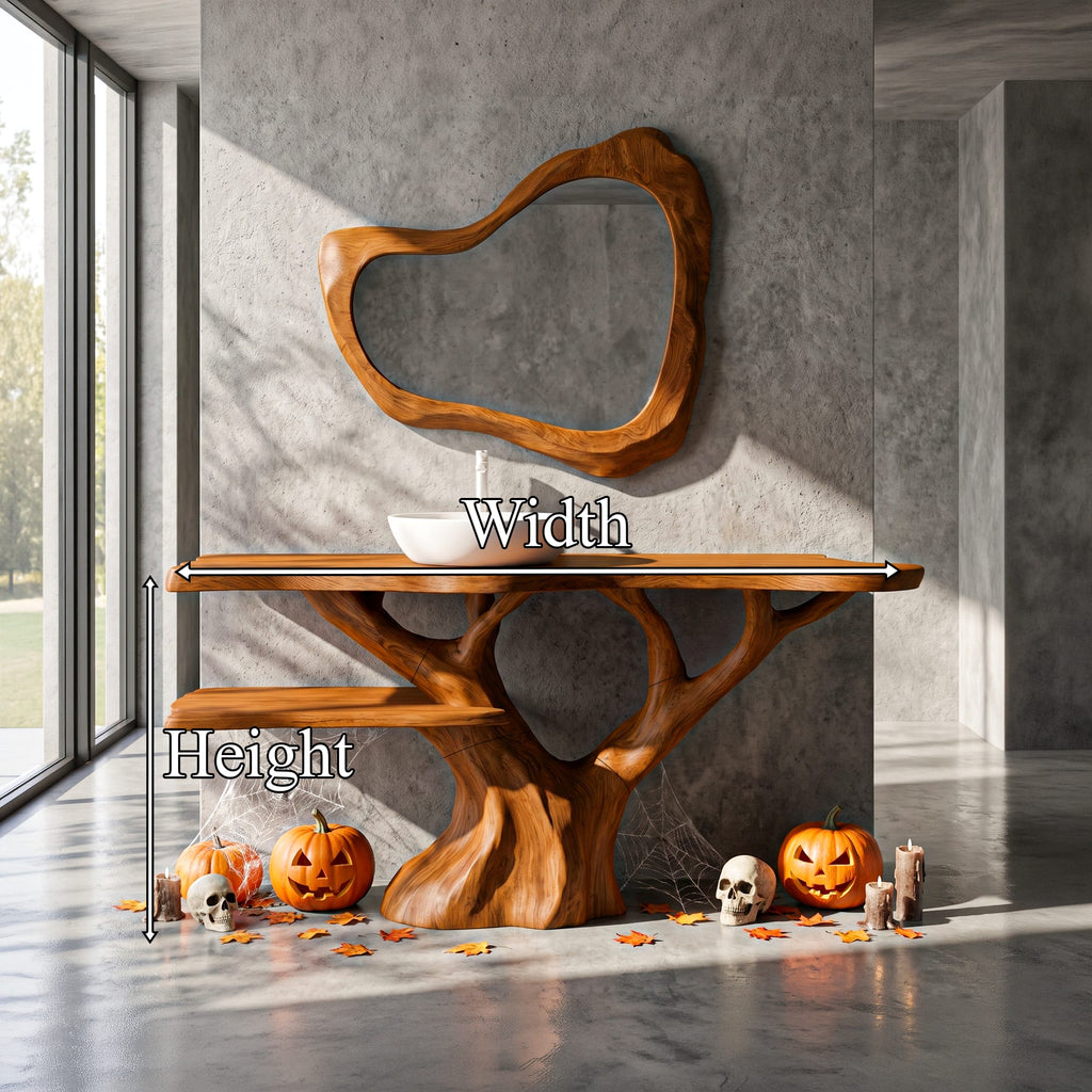 Mid Century Solid Bathroom Vanity with Sculptural Tree Form, solid wood, built to order