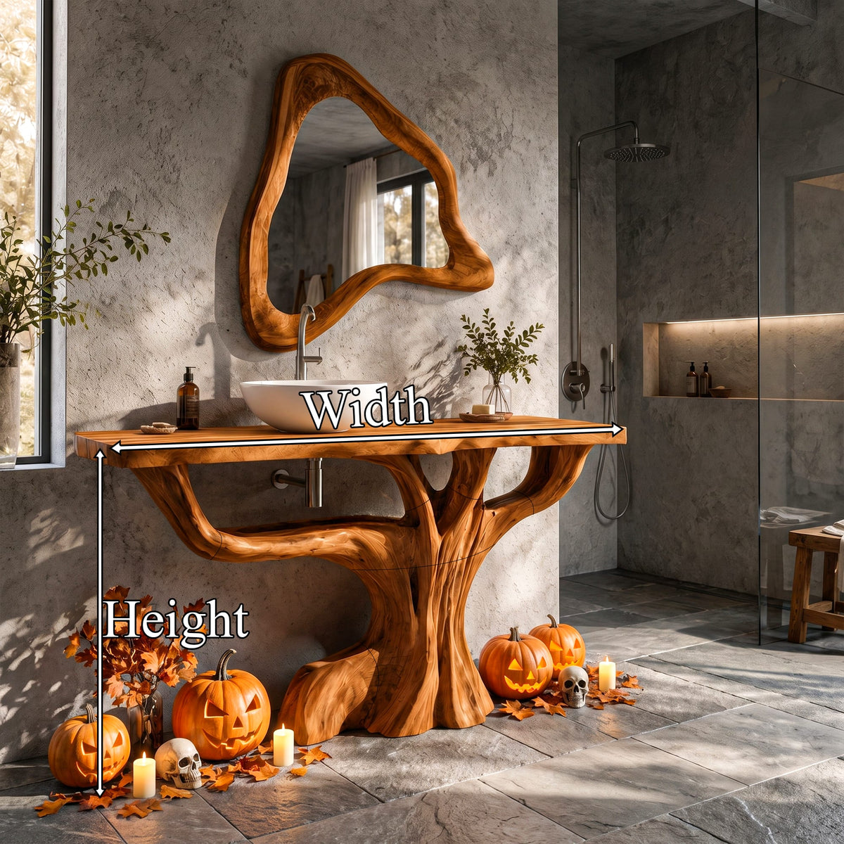 Contemporary Single Bathroom Vanity with Branch Inspired Base, solid wood, built to order