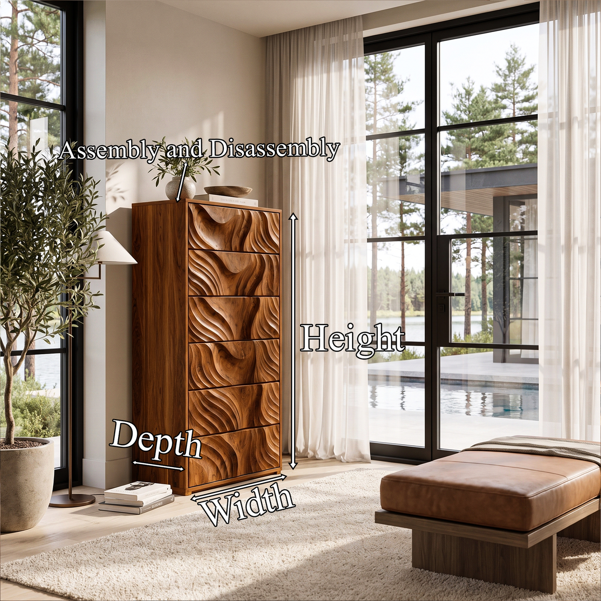 Organic Tall Dresser with Ripple Carved Drawer Fronts, solid wood, built to order, dimensions