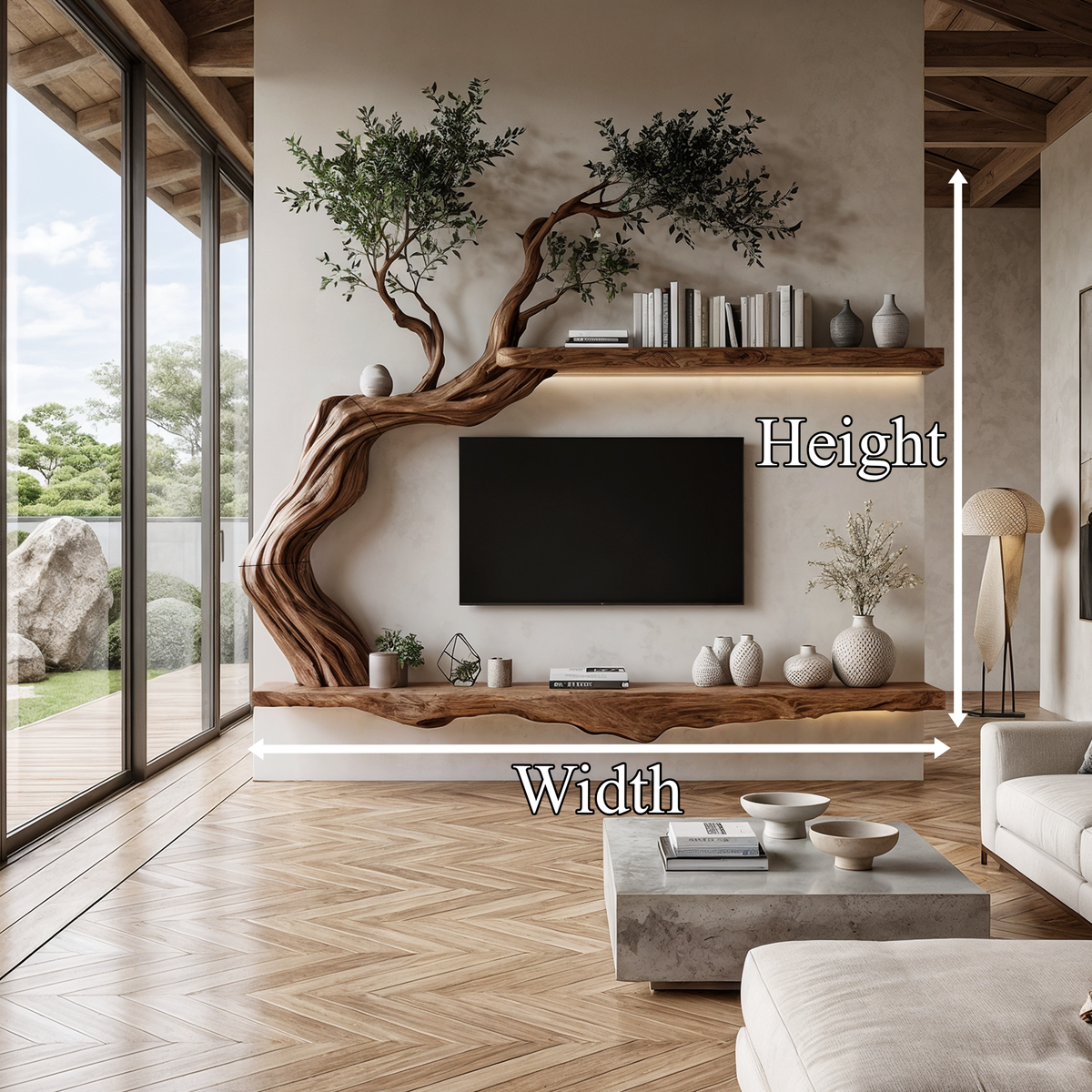 Organic Wall Mounted TV Stand with Sculptural Wood Design, solid wood, built to order, dimensions