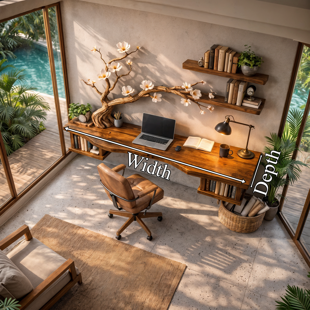 Organic Sculptural Floating Desk with Tree Branch Art, solid wood, built to order, dimensions