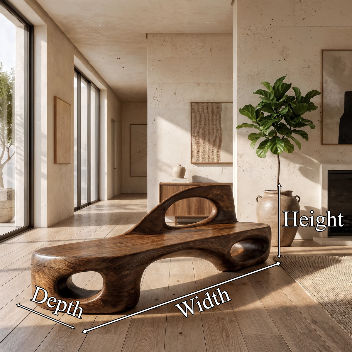 Minimalist Bench Organic Design, solid wood, built to order, dimensions