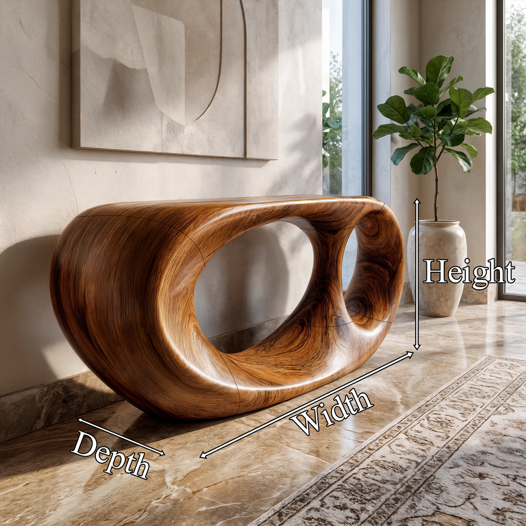 Console Table Organic Double Loop Design, solid wood, built to order, dimensions
