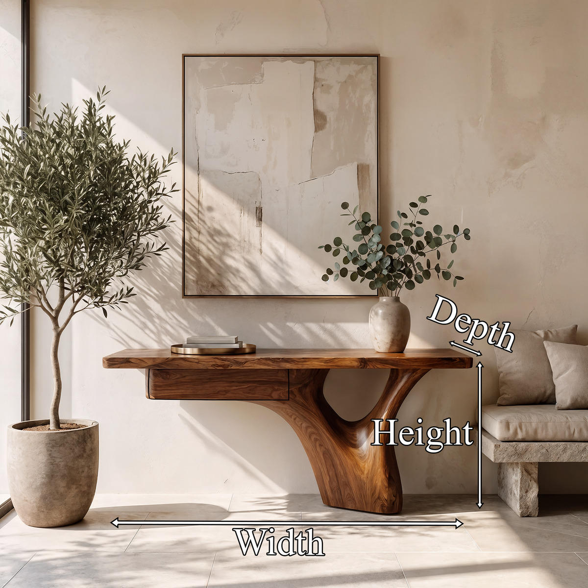 Organic Sculptural Console Table Tree Trunk Base Design, solid wood, built to order, dimensions