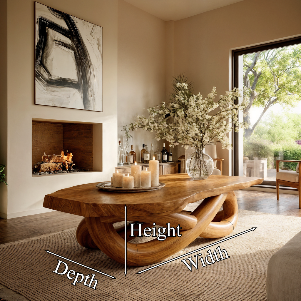 Modern Coffee Table with Twisted Sculptural Base, solid wood, built to order, dimensions
