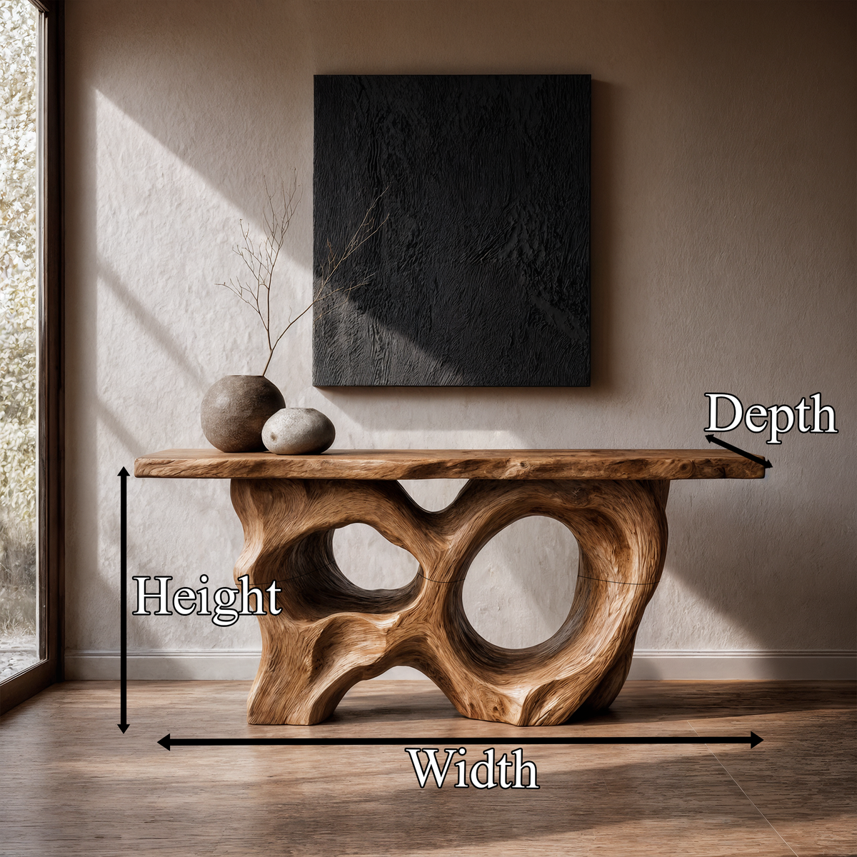 Modern Console Table with Sculptural Asymmetrical Base, solid wood, built to order, dimensions