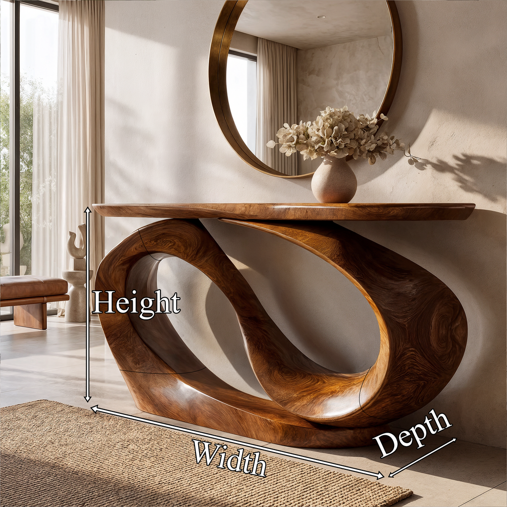 Organic Sculptural Console Table Hollow Oval Base Design, solid wood, built to order, dimensions