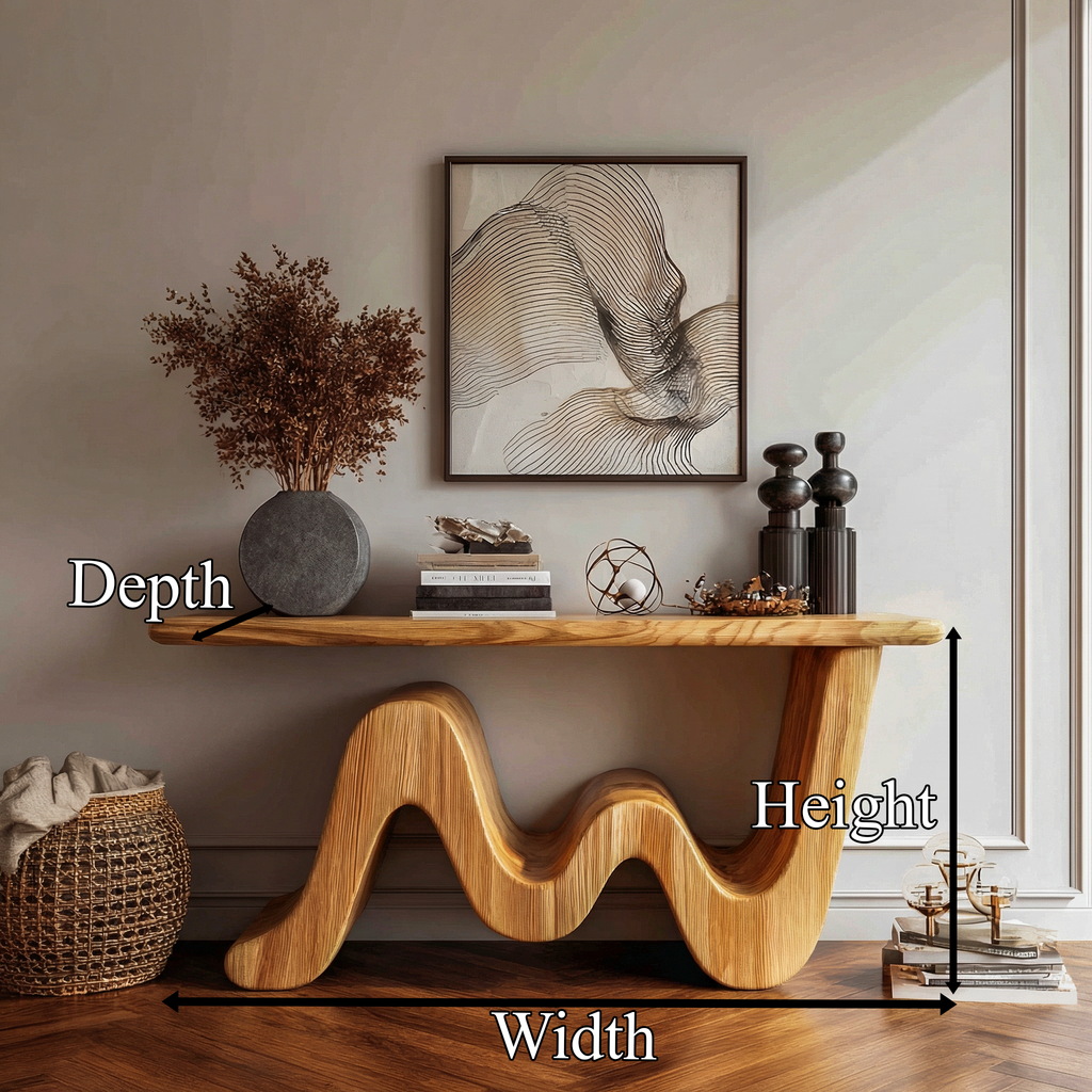 Wave Console Table Solid Soft Curved Shape Living Room and Entryway, solid wood, built to order, dimensions