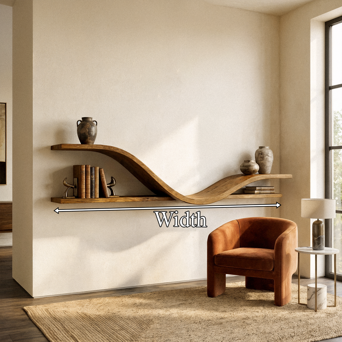 Organic Modern Curved Shelf Living Room Or Hallway, solid wood, built to order, dimensions
