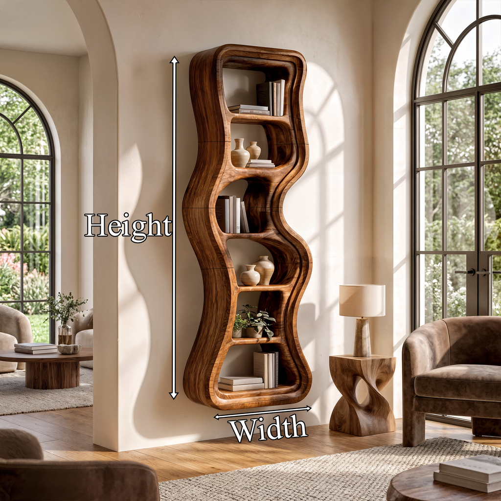 Modern Bookshelf Sculptural Design, solid wood, built to order, dimensions
