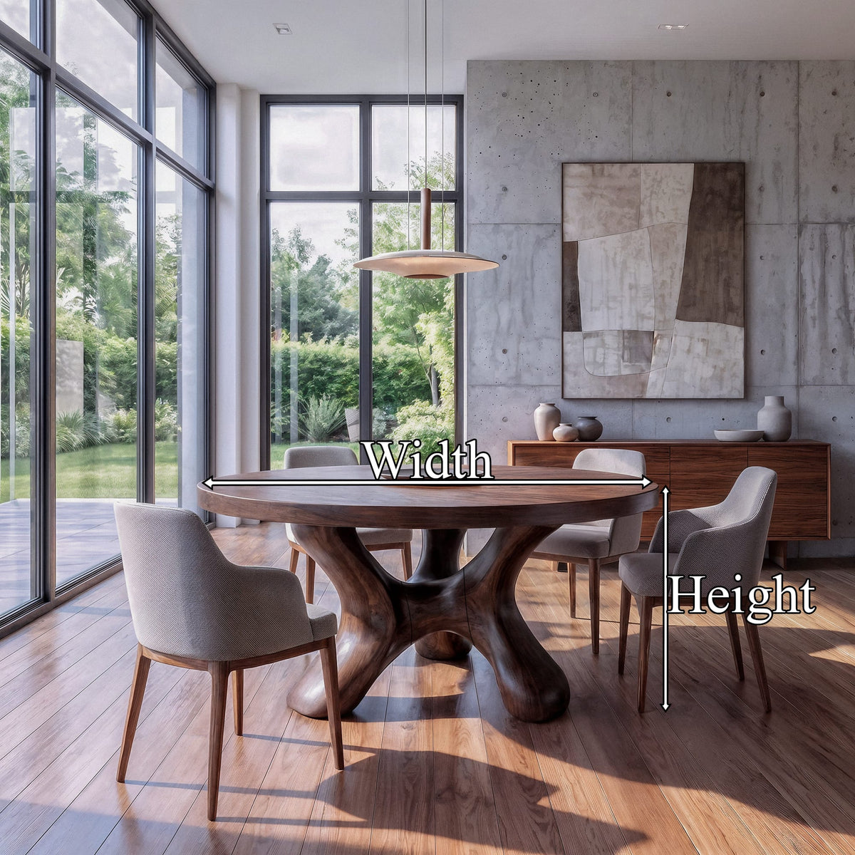 Contemporary Round Dining Table with Flowing Crossed Design, solid wood, built to order