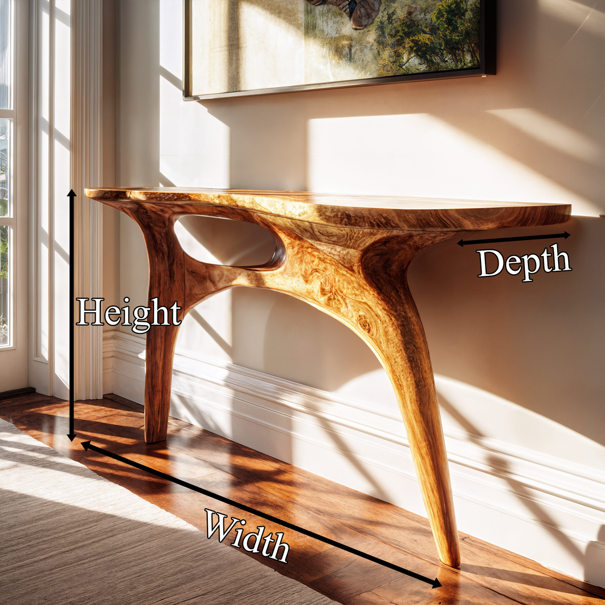 Organic Sculptural Console Table, solid wood, built to order, dimensions