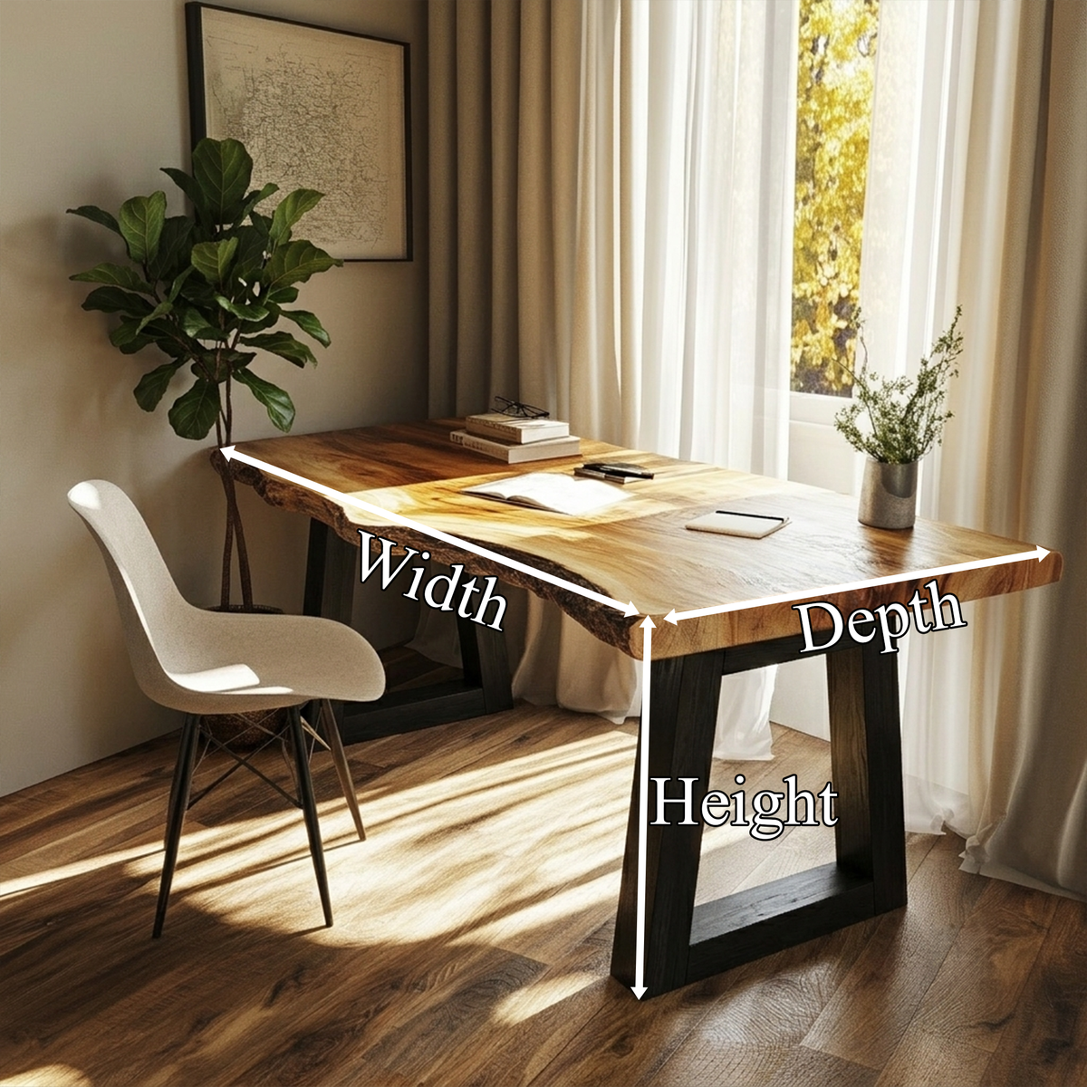 Modern Desk with Live Edge Top and Steel Base, solid wood, built to order, dimensions