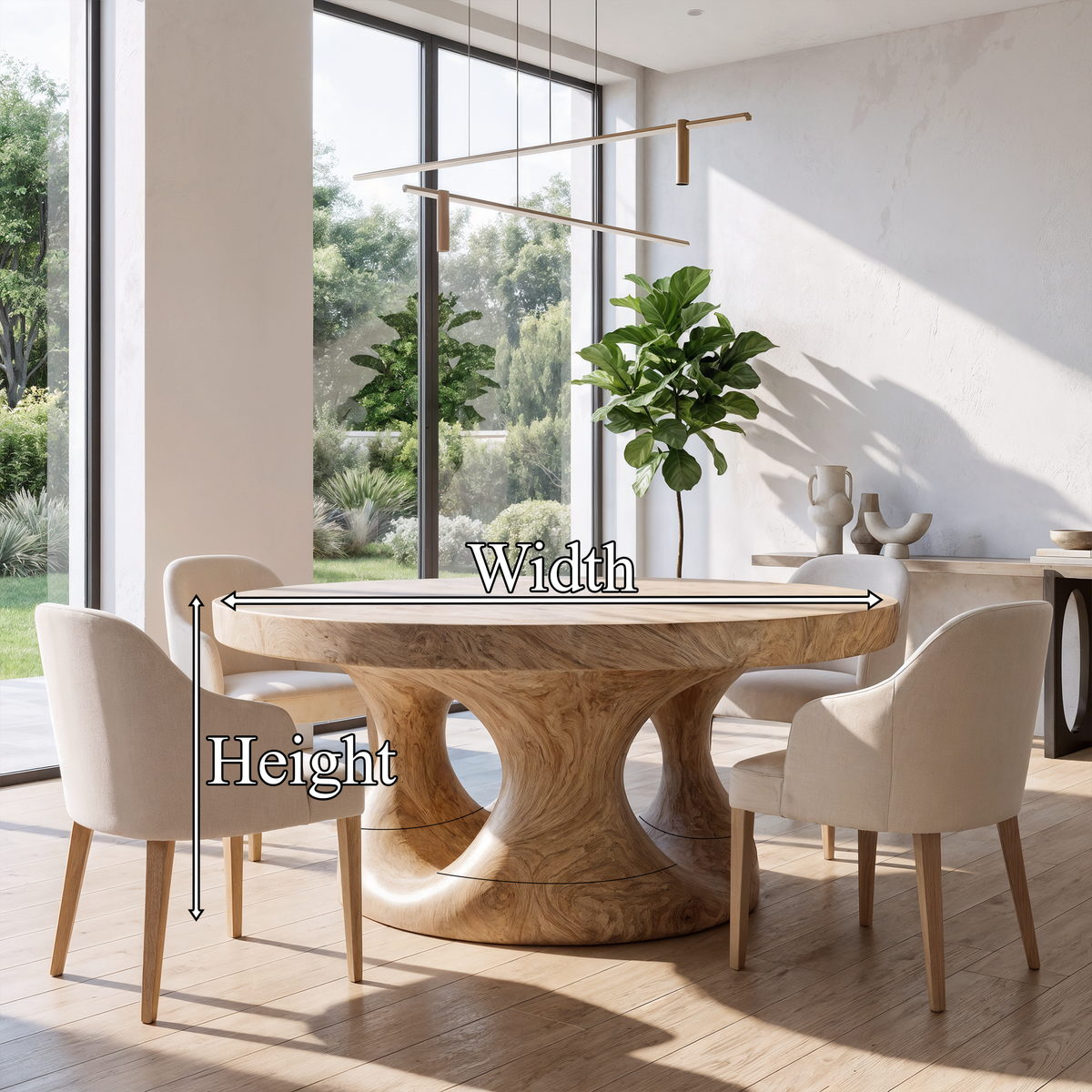 Organic Round Dining Table with Sculptural Tree Root Design, solid wood, built to order, dimensions