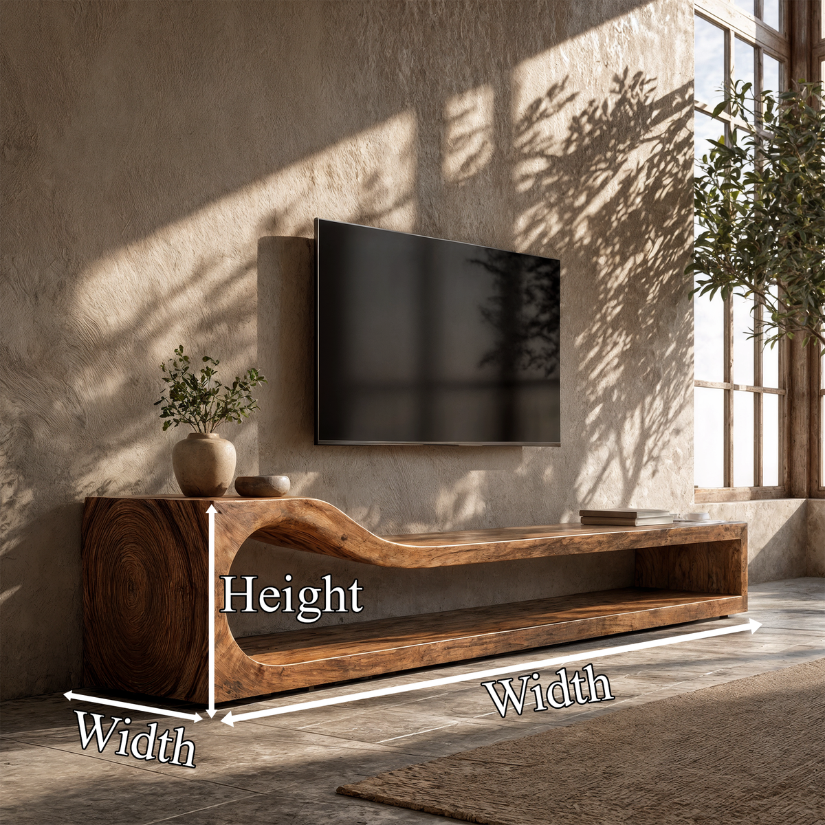 Organic TV Cabinet with Sculptural Wave Wood Base and Media Console, solid wood, built to order, dimensions