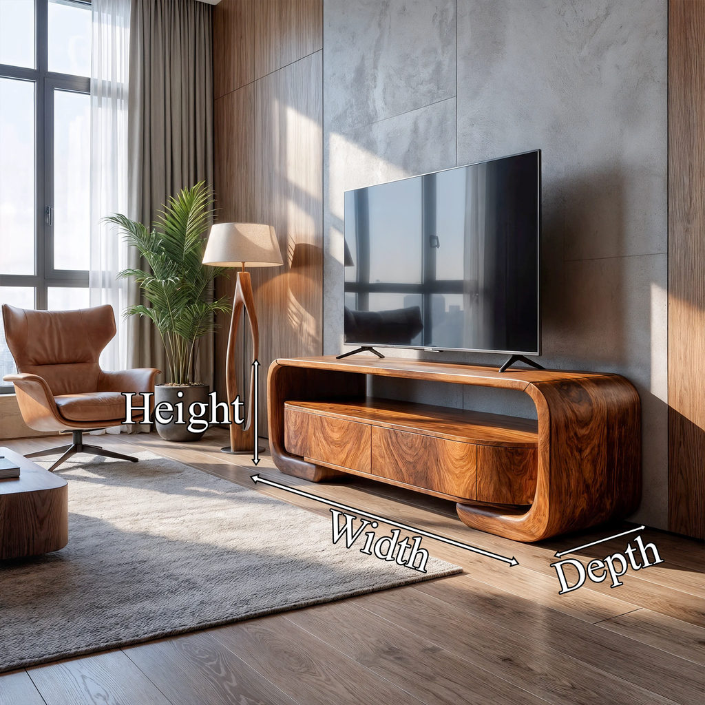 Organic Entertainment Center with Sculptural Live Edge Design, solid wood, built to order, dimensions