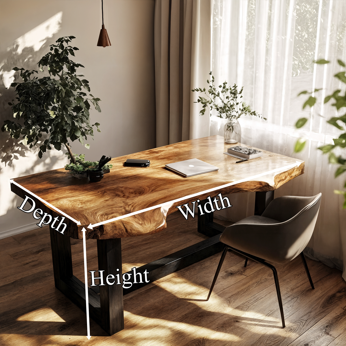 Minimal Desk with Live Edge Wooden Top, solid wood, built to order, dimensions