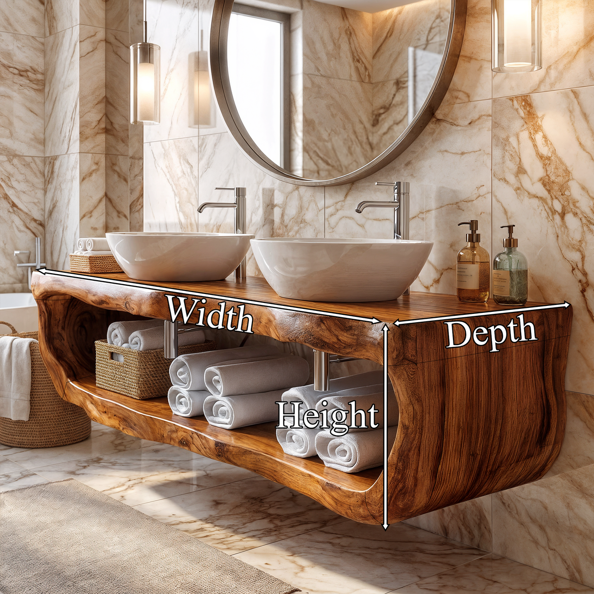 Organic Sculptural Bathroom Vanity Wall Mounted Towel Storage, solid wood, built to order, dimensions