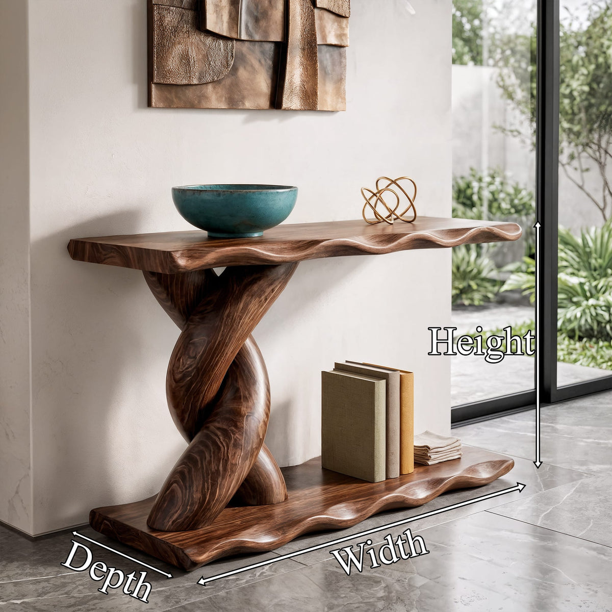 Contemporary Console Table with Spiral Base and Lower Display Shelf, solid wood, built to order