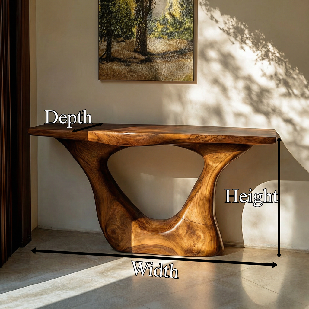 Contemporary Organic Sculptural Console Table, solid wood, built to order, dimensions