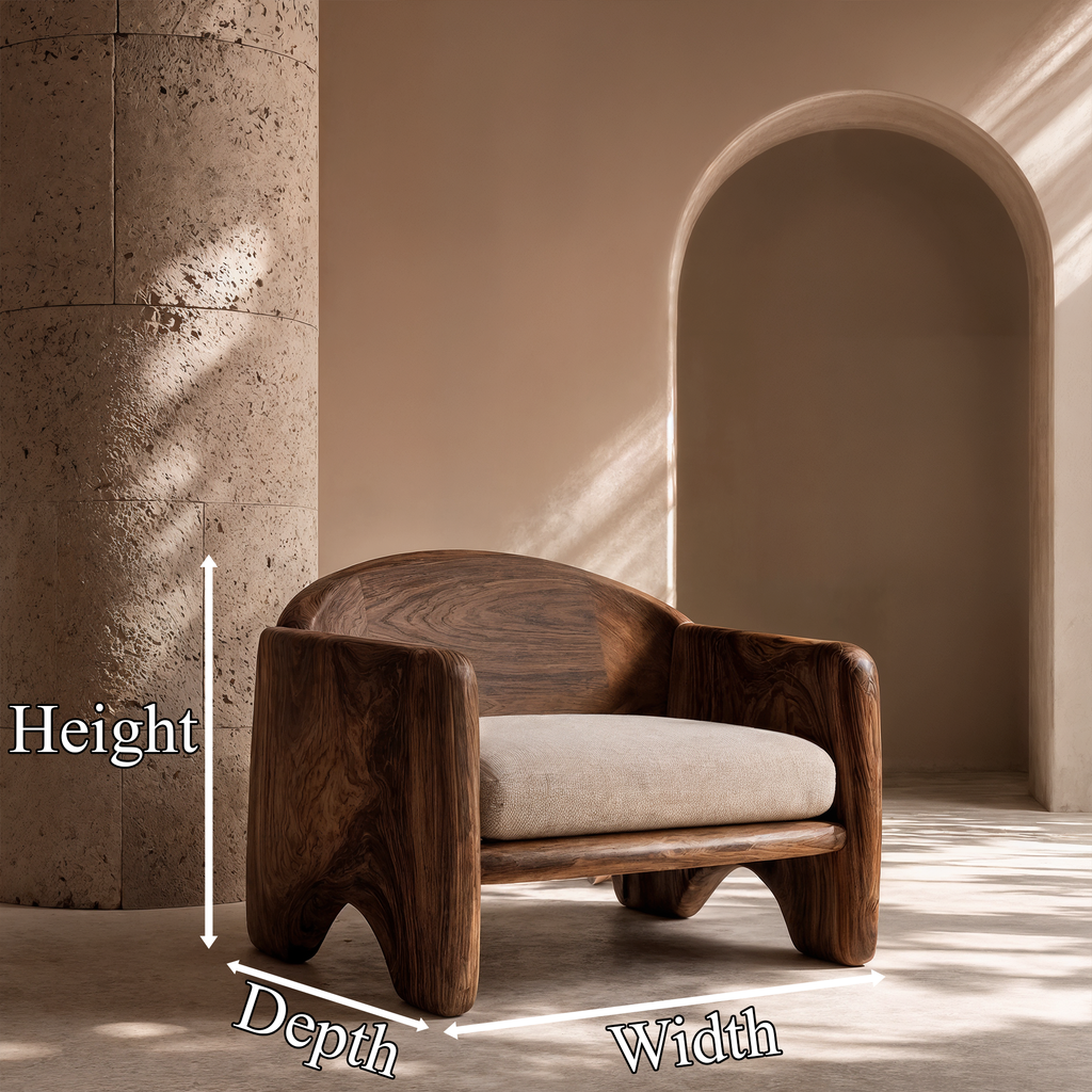 Rustic Armchair Sculptural Design, solid wood, built to order, dimensions
