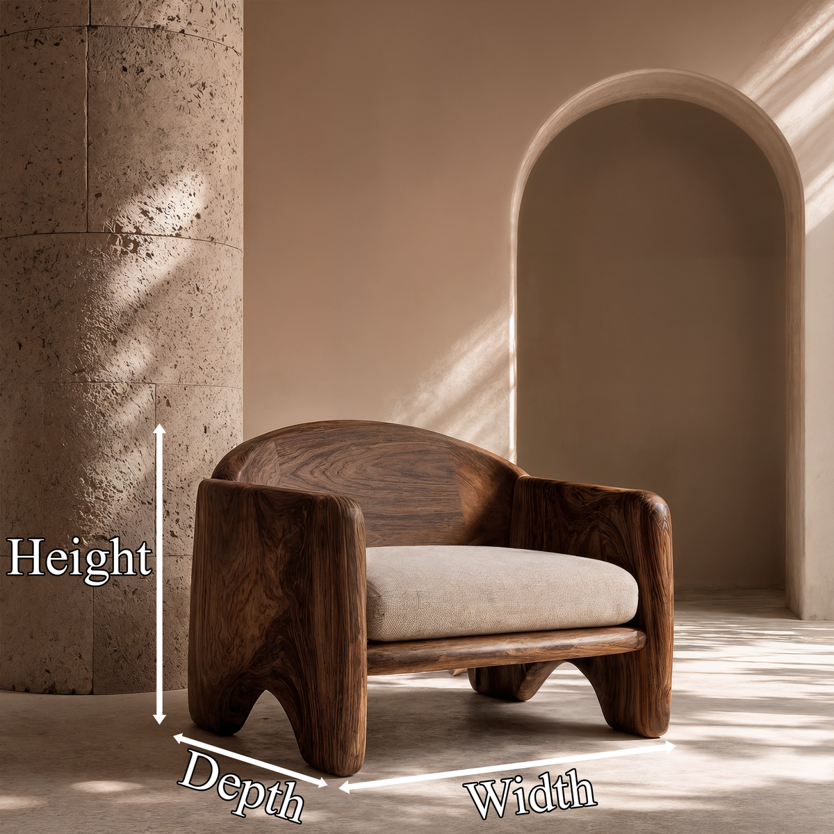 Rustic Armchair Sculptural Design, solid wood, built to order, dimensions