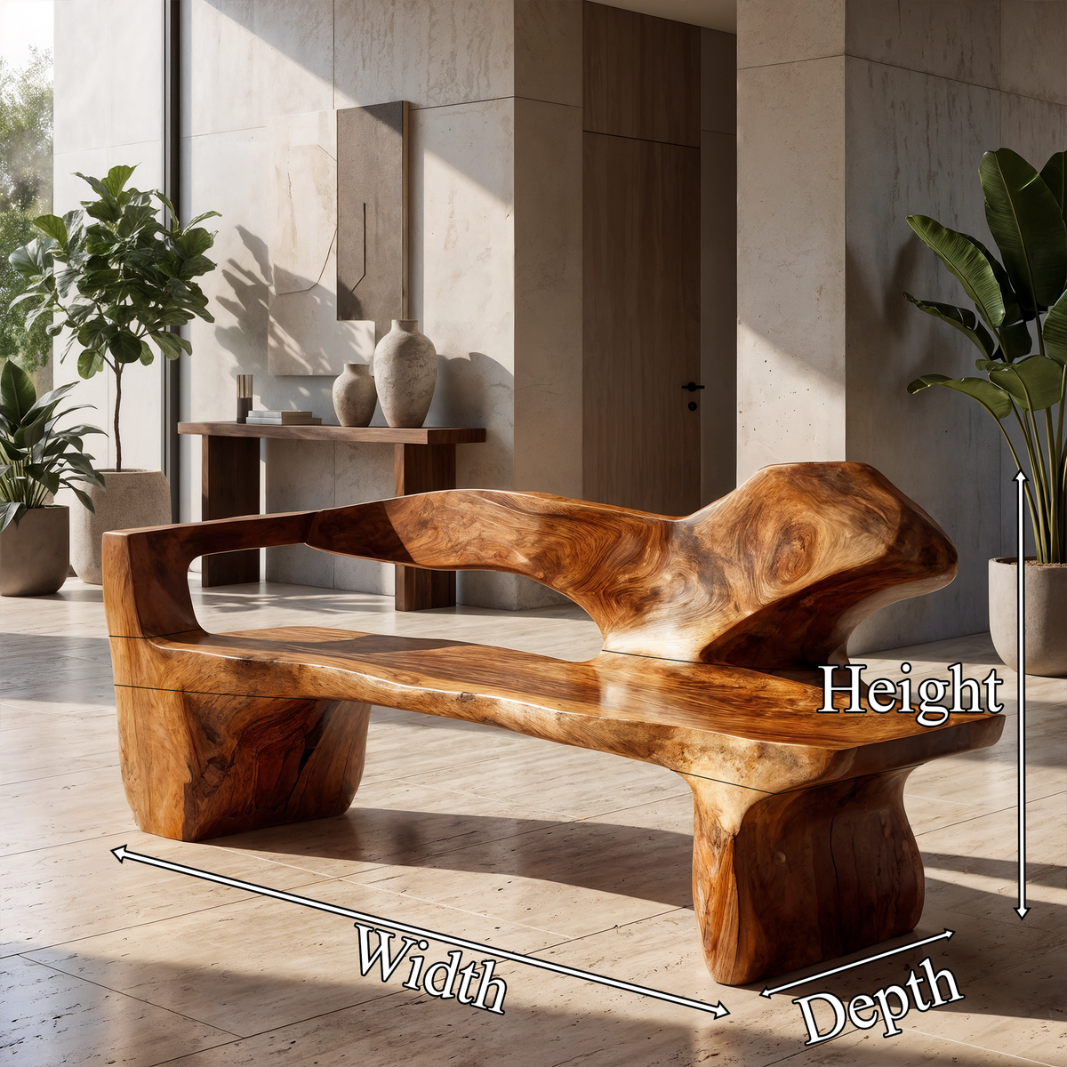 Rustic Bench Live Edge Design, solid wood, built to order, dimensions