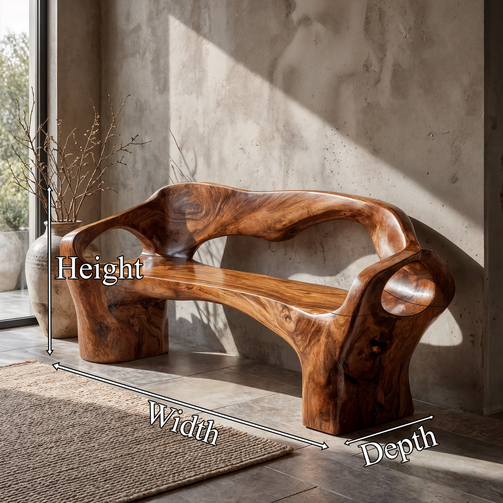 Organic Modern Bench Sculptural Design, solid wood, built to order