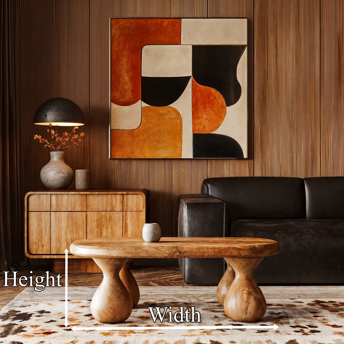 Rustic Coffee Table with Sculptural Design, solid wood, built to order, dimensions