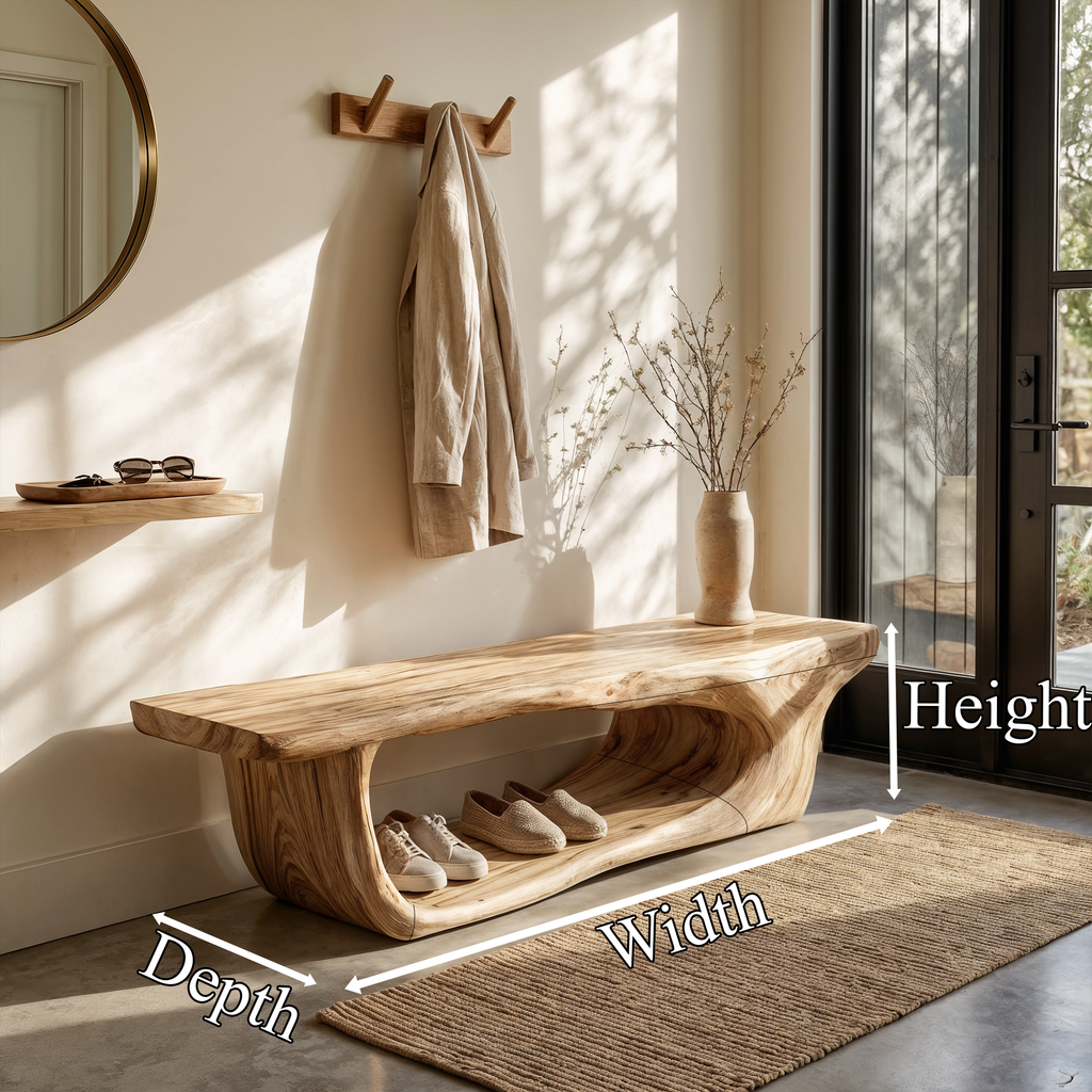 Organic Shoe Bench with Open Shoe Storage, solid wood, built to order, dimensions