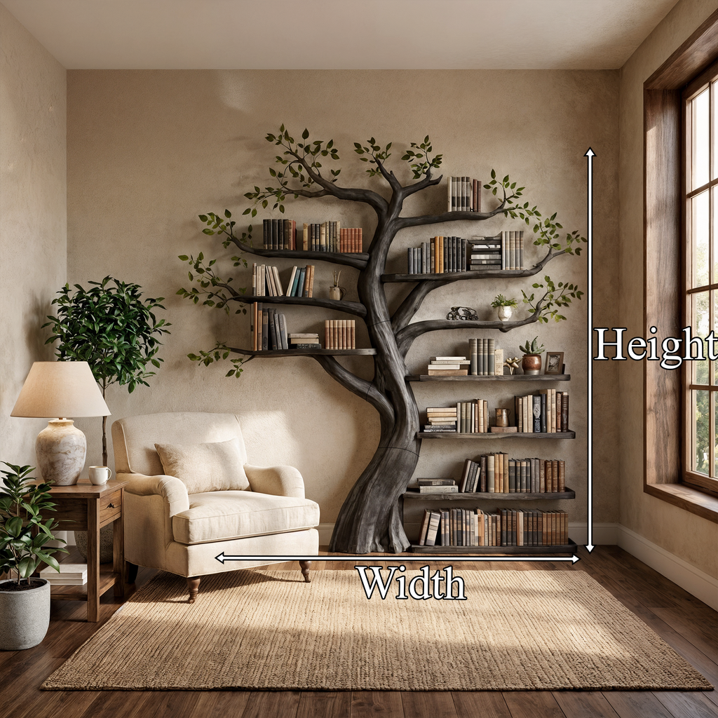 Organic Tree Bookshelf Living Room Interior Sculptural Wall Display, solid wood, built to order, dimensions